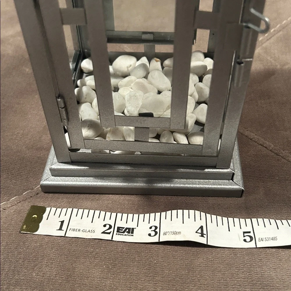 Silver Lantern with White Stones on Bottom latch to open and close